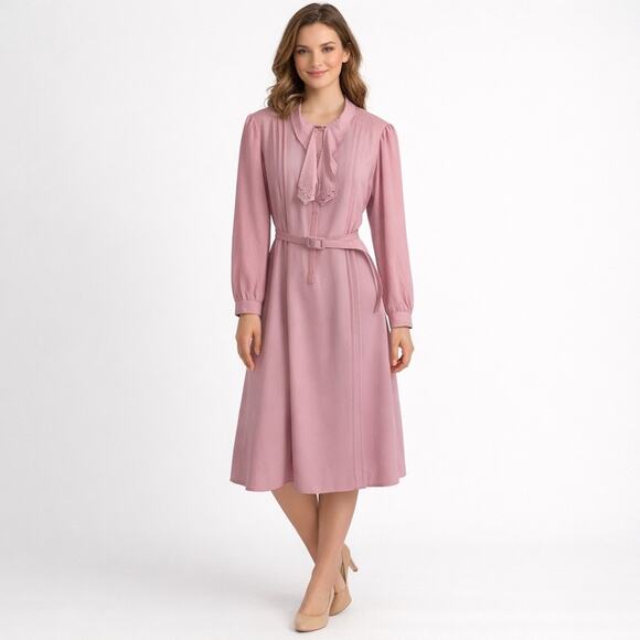 Lady Jennifer Dresses & Skirts - Vintage Lady Jennifer Pink Pleated Dress with Belt Long Sleeve Midi Size READ
